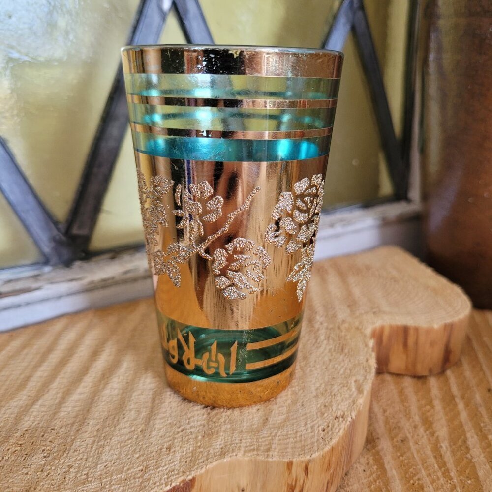 12 Vintage Drinking Glasses from Korea - Orange, Turquoise & Gold Roses - Picture 14 of 15